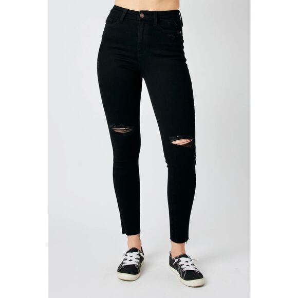 Judy Blue Denim - Judy Blue High Waist Destroyed Raw Hem Black Skinny Fit Denim Jeans Size 7 / 28